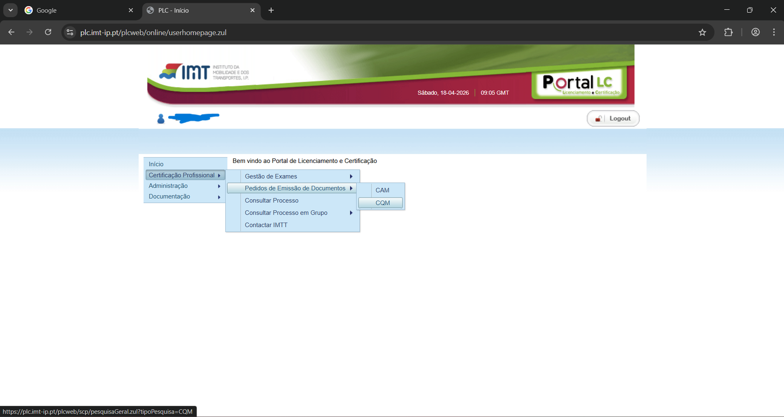 Portal IMT com processo de emissão do CQM Código 95